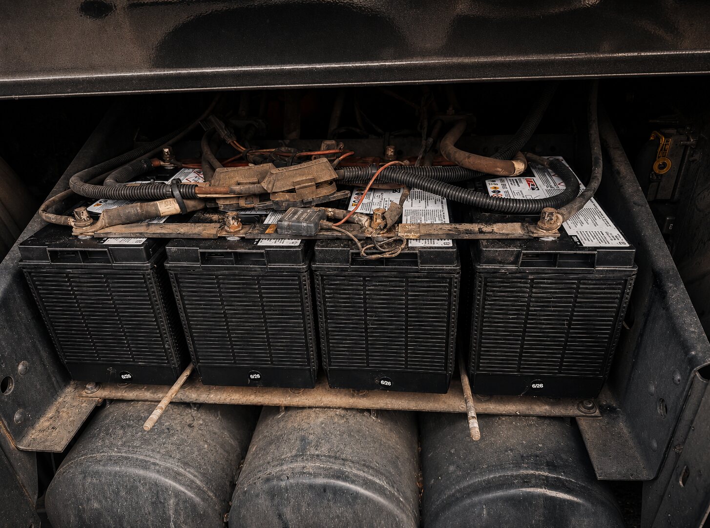 Four new semi-truck batteries after replacement