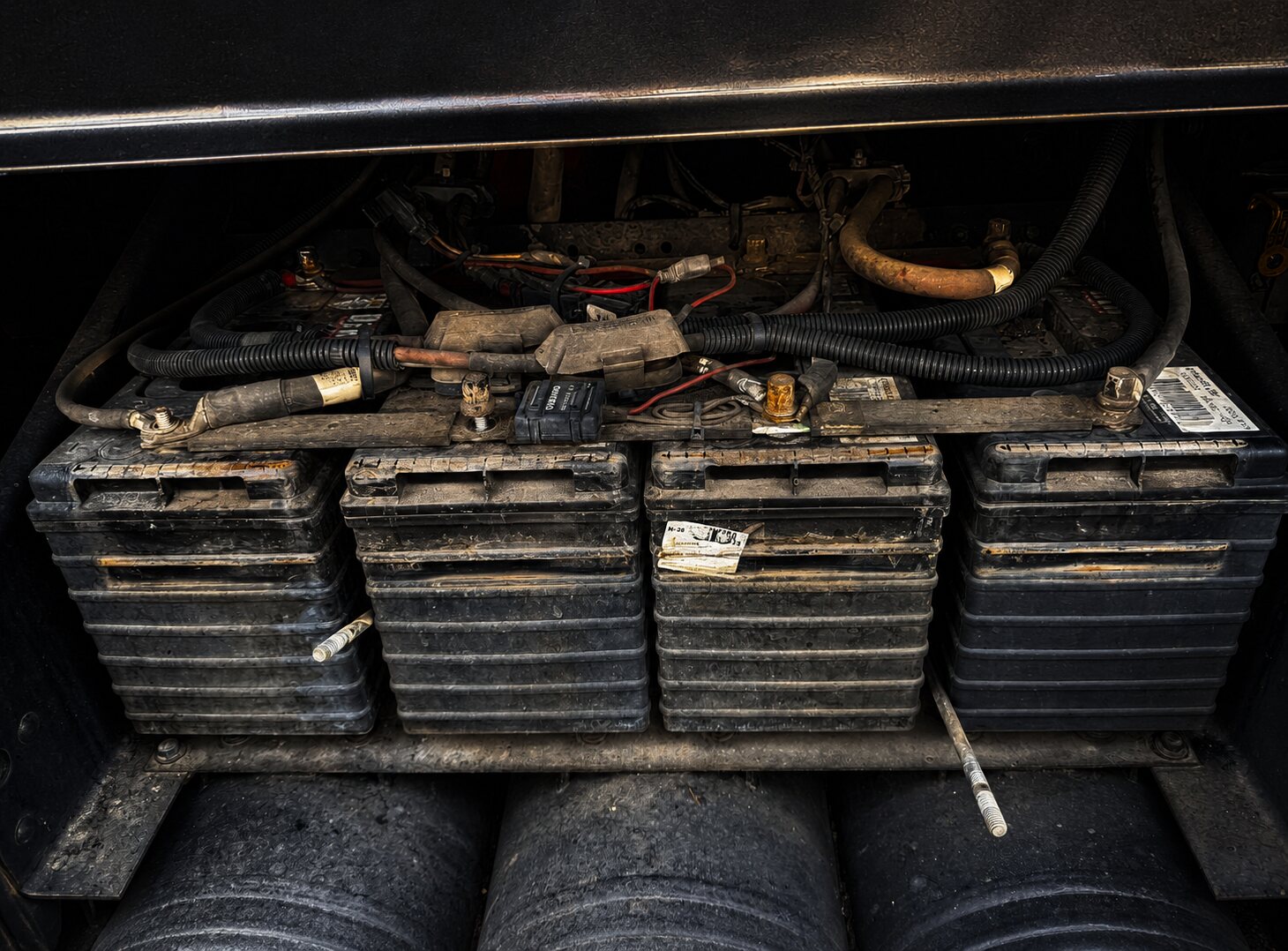 Old semi-truck battery bank before replacement