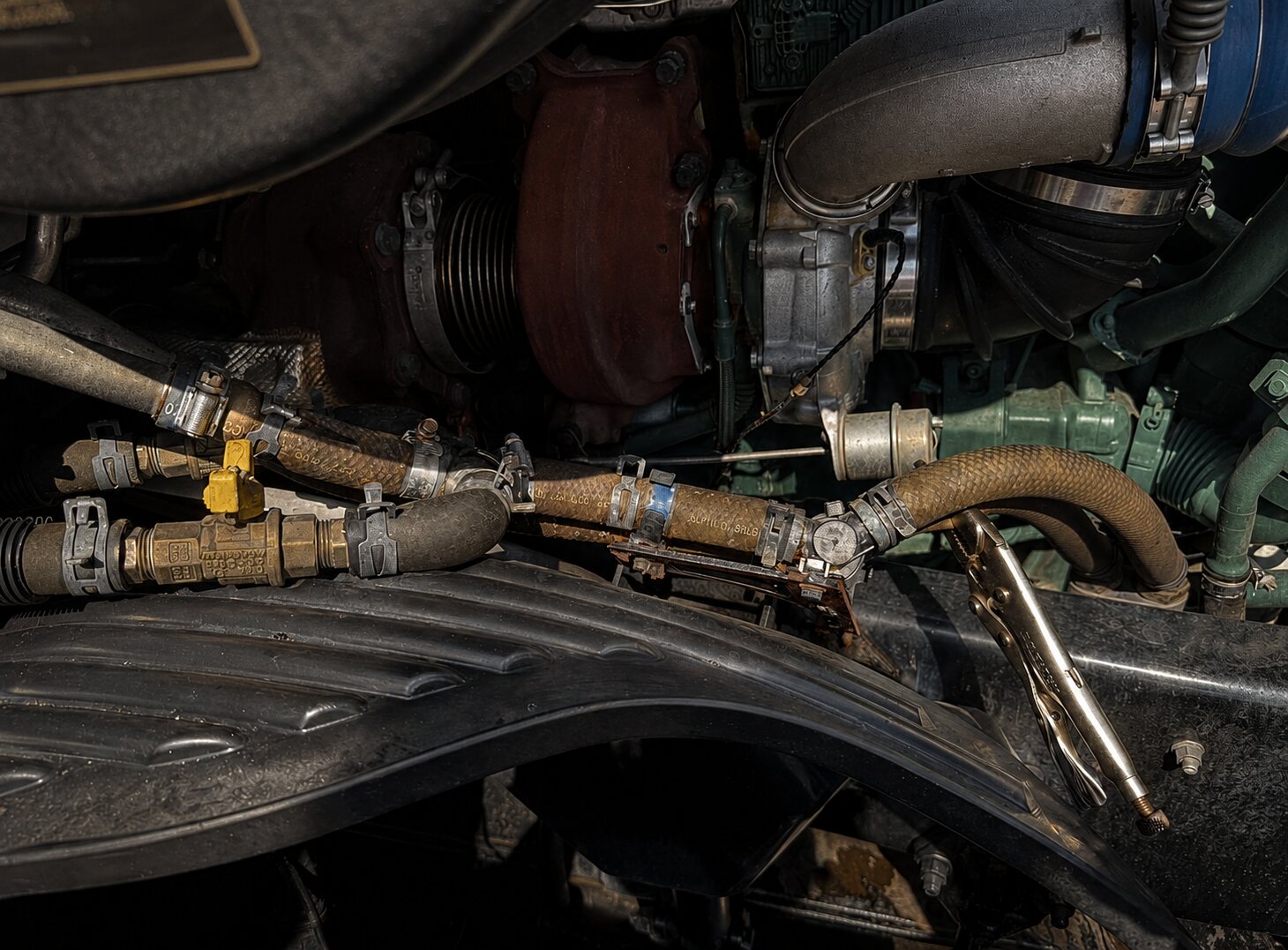 Original worn semi-truck coolant hoses before replacement