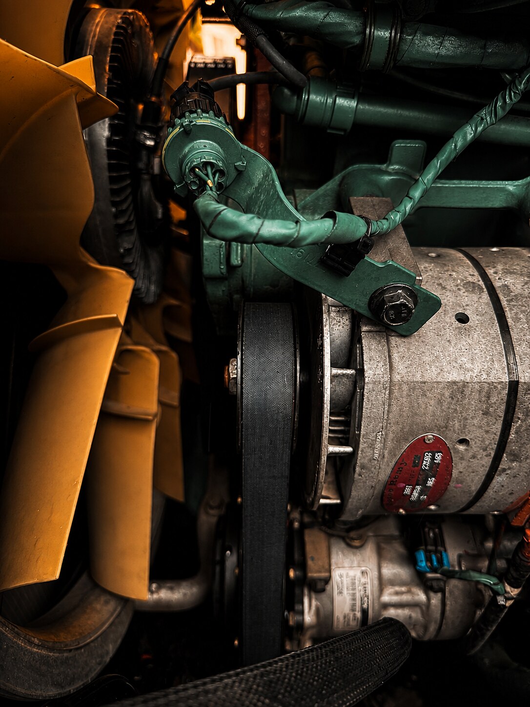 Yellow Volvo Drive Belt Replacement: New drive belt installed