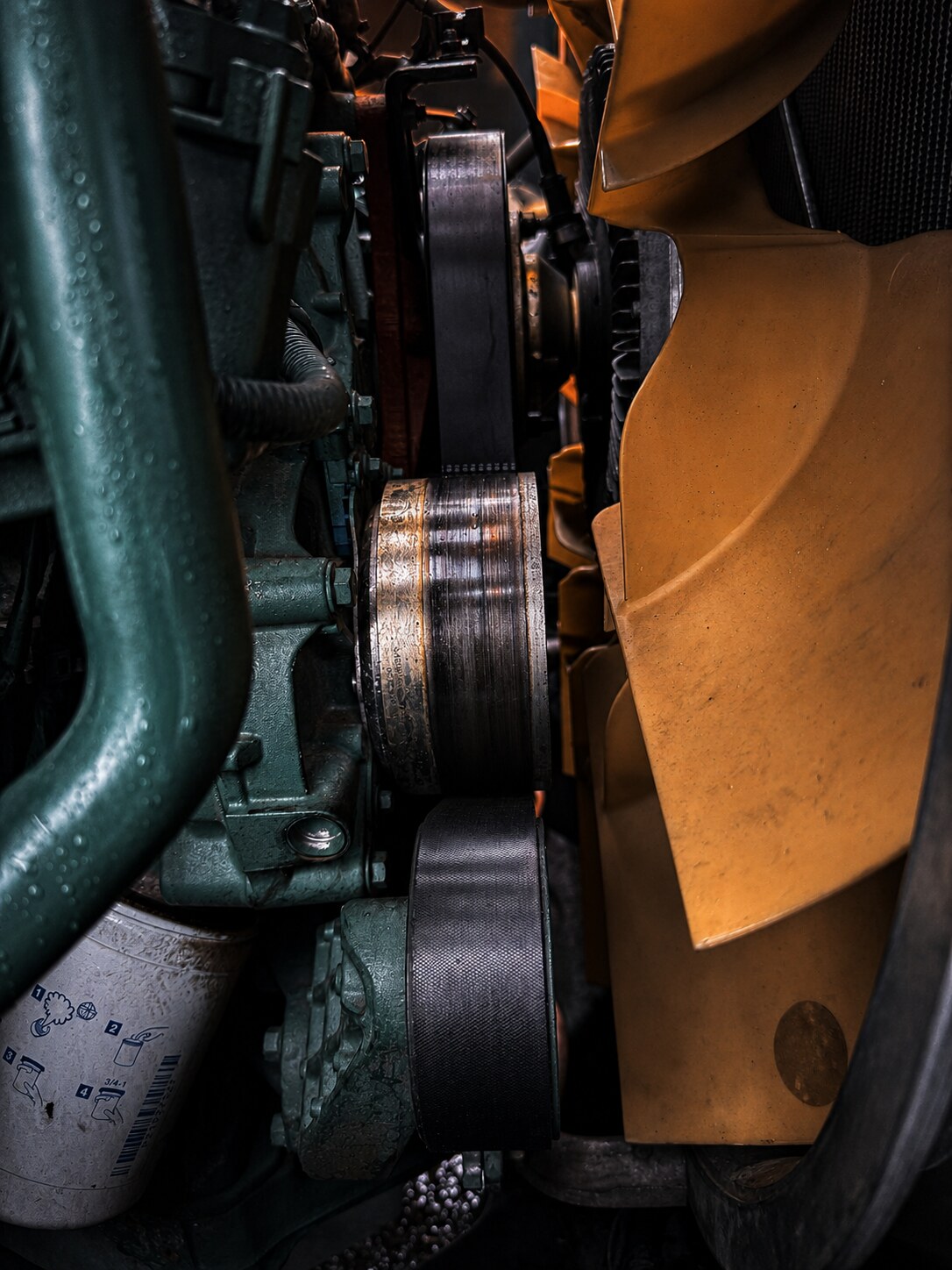 Yellow Volvo Drive Belt Replacement: Pulley and belt-routing check